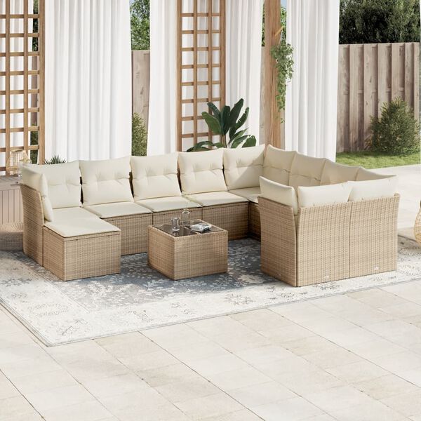 vidaXL 11-delige Tuinset met kussens poly rattan beige