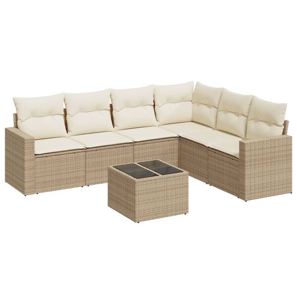 vidaXL 7-delige Loungeset met kussens poly rattan beige