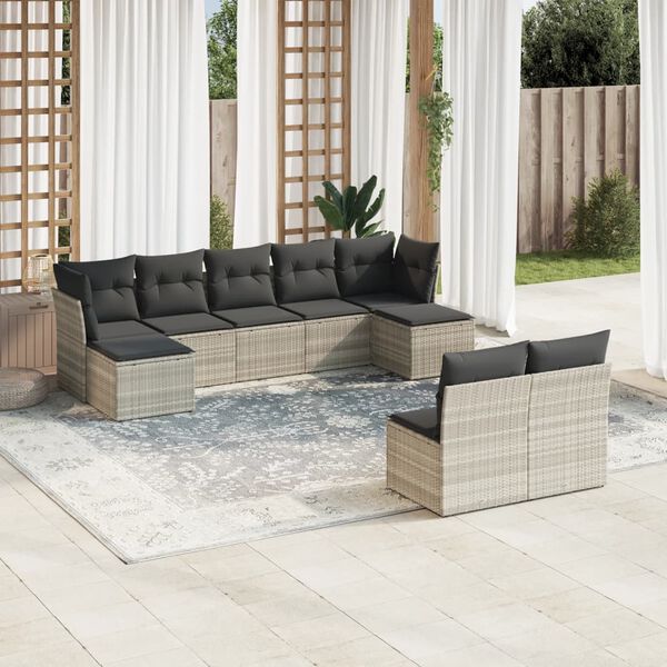 vidaXL 9-delige Loungeset met kussens poly rattan lichtgrijs