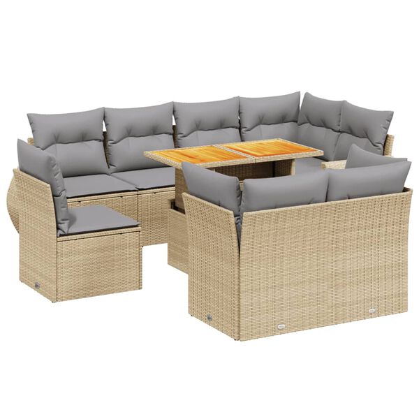 vidaXL 9-delige Loungeset met kussens poly rattan beige
