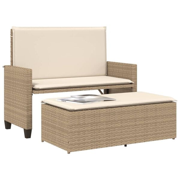 vidaXL Tuinbank met kussens en voetenbank poly rattan beige