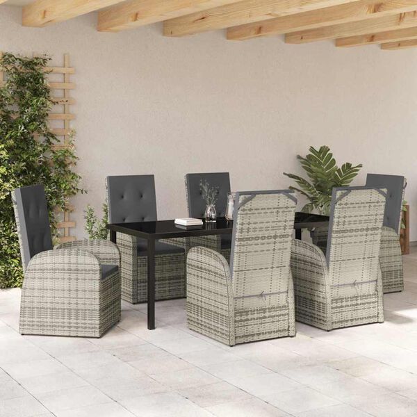 vidaXL Tuin eettafelset met kussen 7 pcs Grijs poly rattan