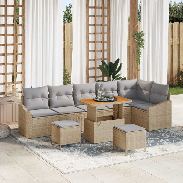 vidaXL Tuinbankenset met kussen 9 pcs Beige poly rattan