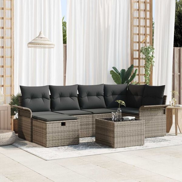 vidaXL Tuin Sofa Set met kussen met opslag 7 pcs Grijs poly rattan