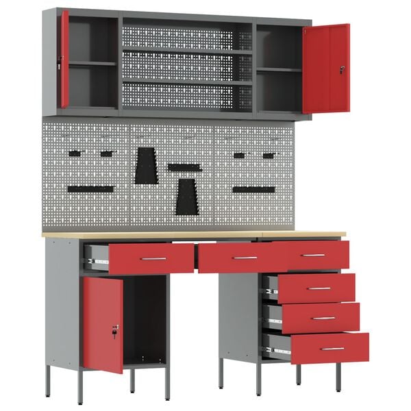 vidaXL Werk Cabinet met lade met opslag 7 pcs Rood 150 x 55 x 200 cm