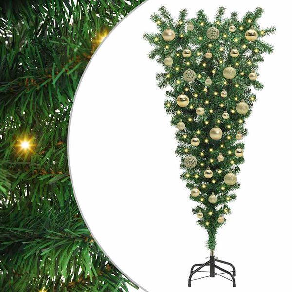 vidaXL Ondersteboven Kunst Kerstboom met Ballenset Groen 120 cm PVC