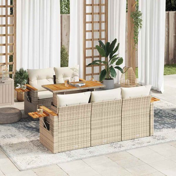 vidaXL 6-delige Loungeset met kussens poly rattan acacia beige