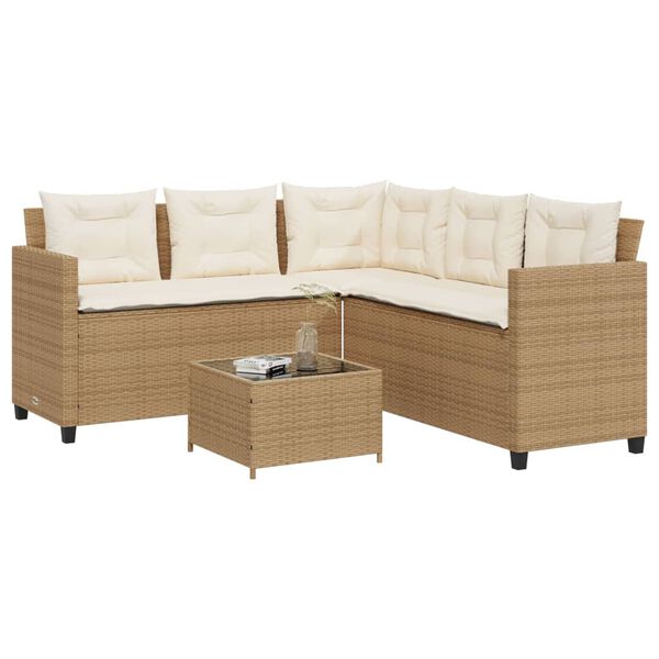 vidaXL Tuinbank met tafel en kussens L-vormig poly rattan beige