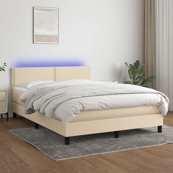 vidaXL Boxspring met matras en LED stof cr&egrave;mekleurig 140x200 cm
