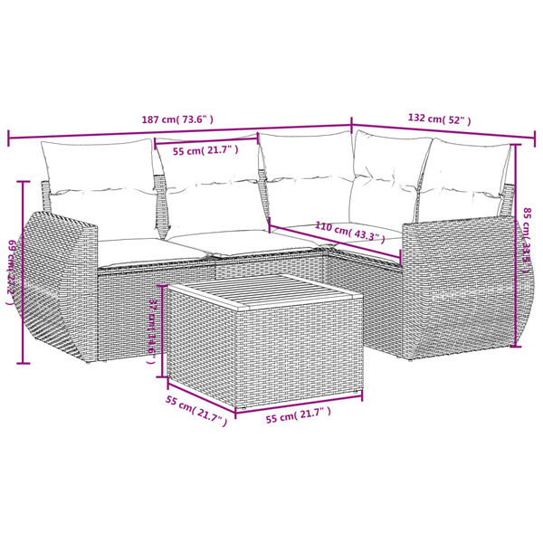 vidaXL 5-delige Loungeset met kussens poly rattan beige