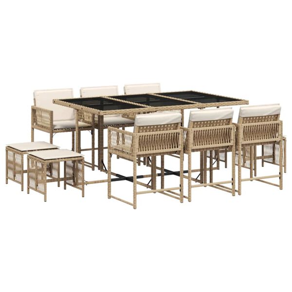 vidaXL 11-delige Tuinset met kussens poly rattan beige