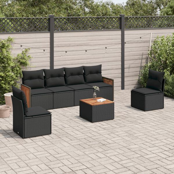 vidaXL 7-delige Loungeset met kussens poly rattan zwart