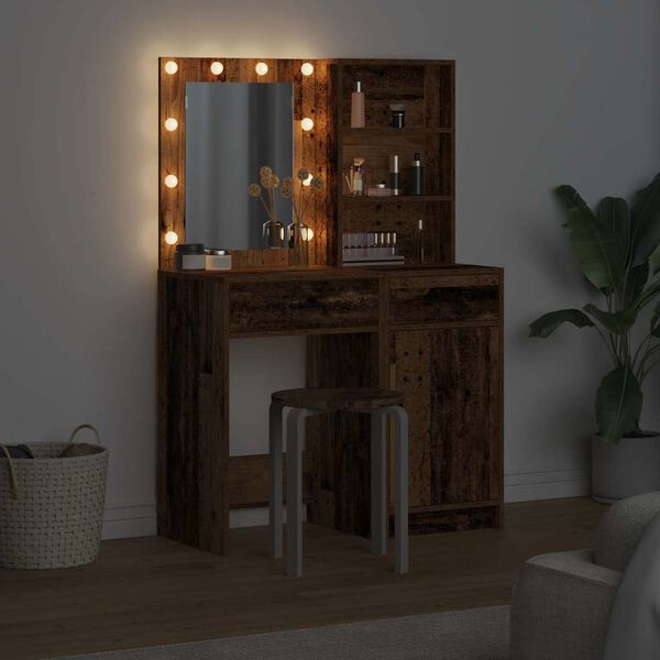 vidaXL Make-up tafel set met LED met lade 2 pcs Oudhout Bewerkt hout