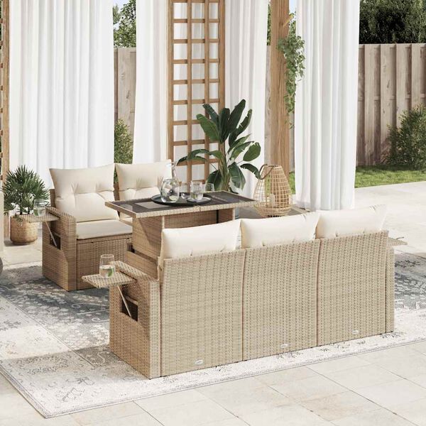 vidaXL 6-delige Loungeset met kussens poly rattan beige