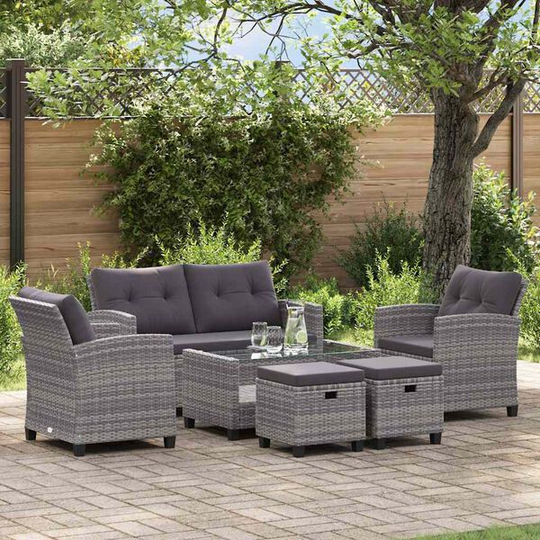 vidaXL 6-delige Loungeset met kussens poly rattan donkergrijs