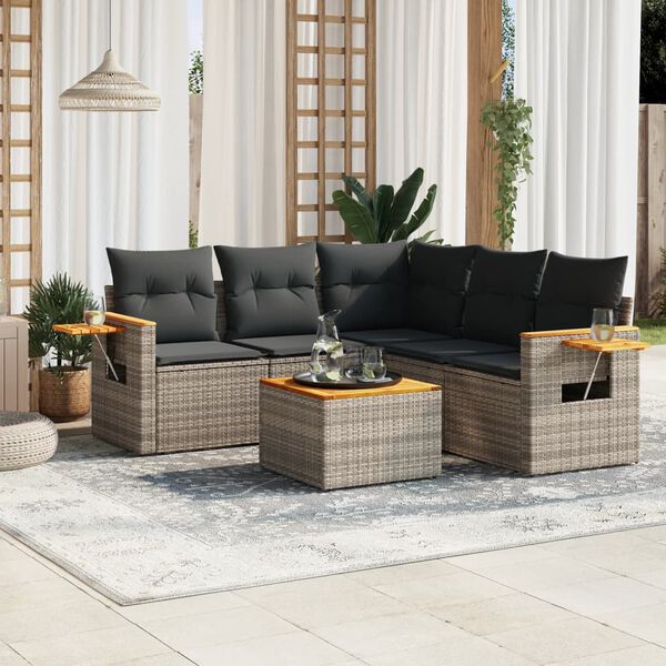 vidaXL 6-delige Loungeset met kussens poly rattan grijs