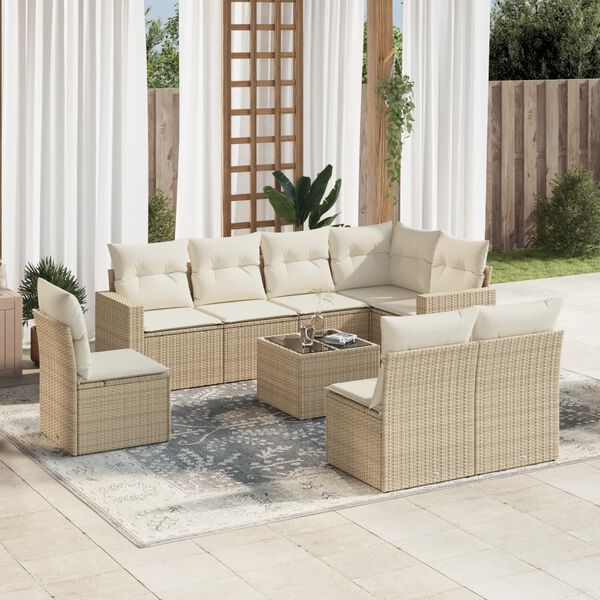 vidaXL 9-delige Loungeset met kussens poly rattan beige