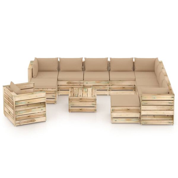 vidaXL 12-delige Loungeset met kussens groen ge&iuml;mpregneerd hout