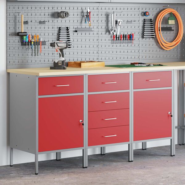 vidaXL Werk kast met lade met wiel 3 pcs Rood en Grijs 75 x 45 x 85 cm