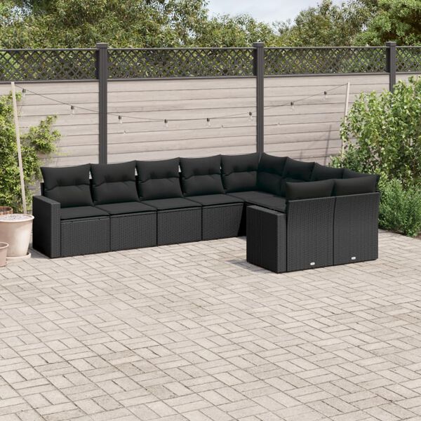 vidaXL 9-delige Loungeset met kussens poly rattan zwart