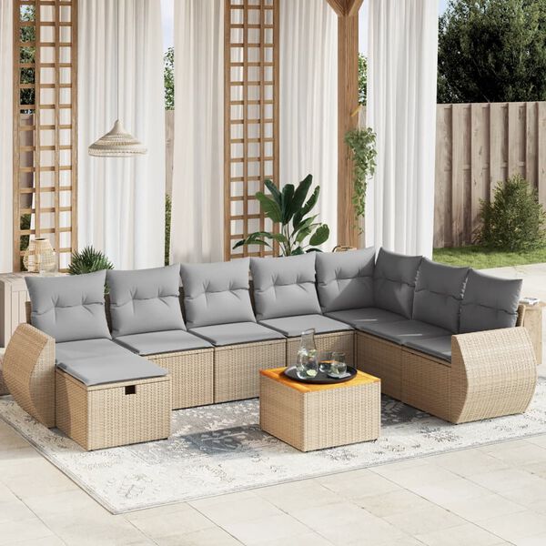 vidaXL 9-delige Loungeset met kussens poly rattan gemengd beige