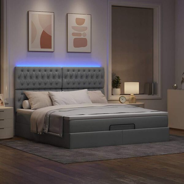 vidaXL Ottoman bed met matras en LED's 180x200cm stof lichtgrijs