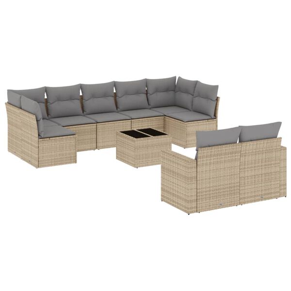 vidaXL 10-delige Loungeset met kussens poly rattan beige