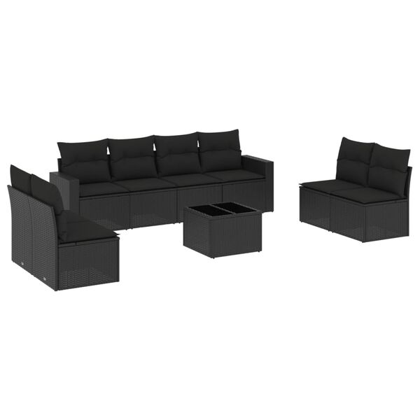vidaXL 9-delige Loungeset met kussens poly rattan zwart