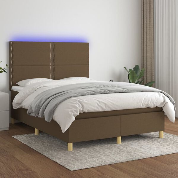 vidaXL Boxspring met matras en LED stof donkerbruin 140x200 cm