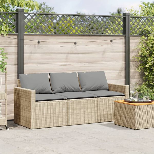 vidaXL Tuinbank 3-zits met kussens poly rattan beige