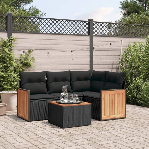 vidaXL 5-delige Loungeset met kussens poly rattan zwart