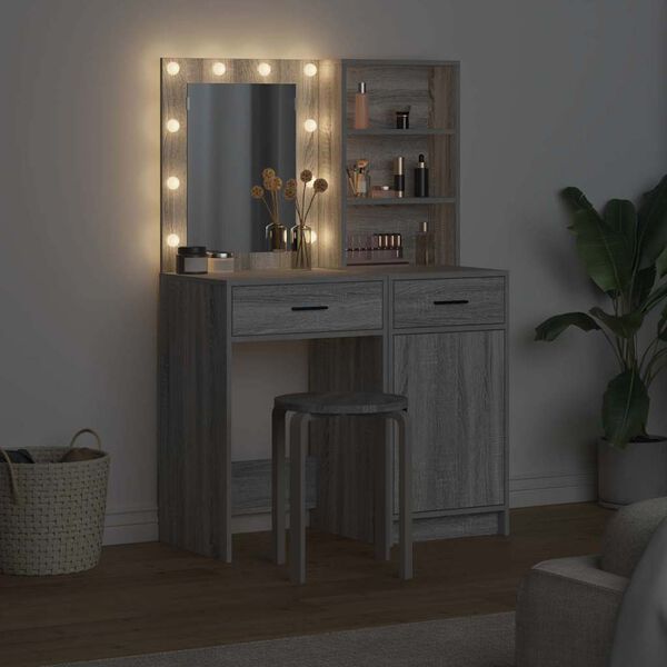 vidaXL Make-up tafel set met LED 2 pcs Grijs Sonoma Bewerkt hout