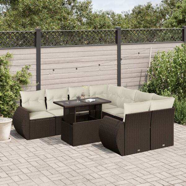 vidaXL 9-delige Loungeset met kussens poly rattan bruin