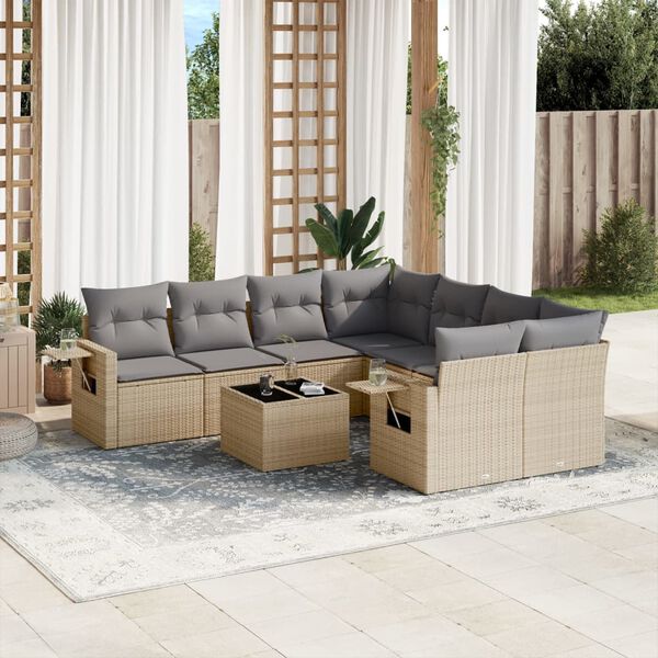 vidaXL 9-delige Loungeset met kussens poly rattan beige