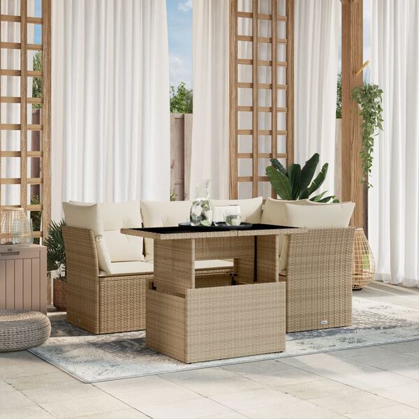 vidaXL 5-delige Loungeset met kussens poly rattan beige