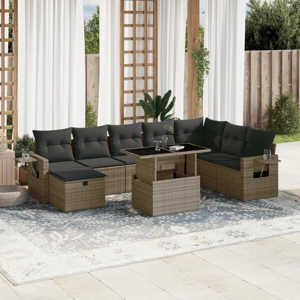 vidaXL 9-delige Loungeset met kussens poly rattan grijs