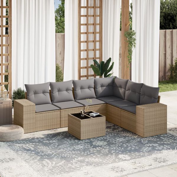 vidaXL 7-delige Loungeset met kussens poly rattan beige