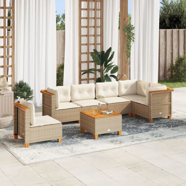 vidaXL 7-delige Loungeset met kussens poly rattan beige