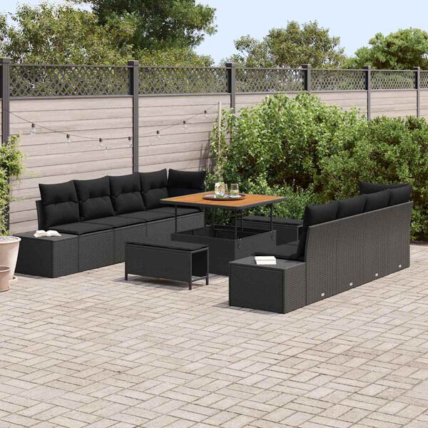 vidaXL Tuinbankenset met kussen 11 pcs Zwart poly rattan
