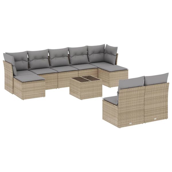 vidaXL 10-delige Loungeset met kussens poly rattan beige