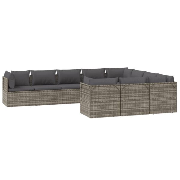 vidaXL 10-delige Loungeset met kussens poly rattan grijs