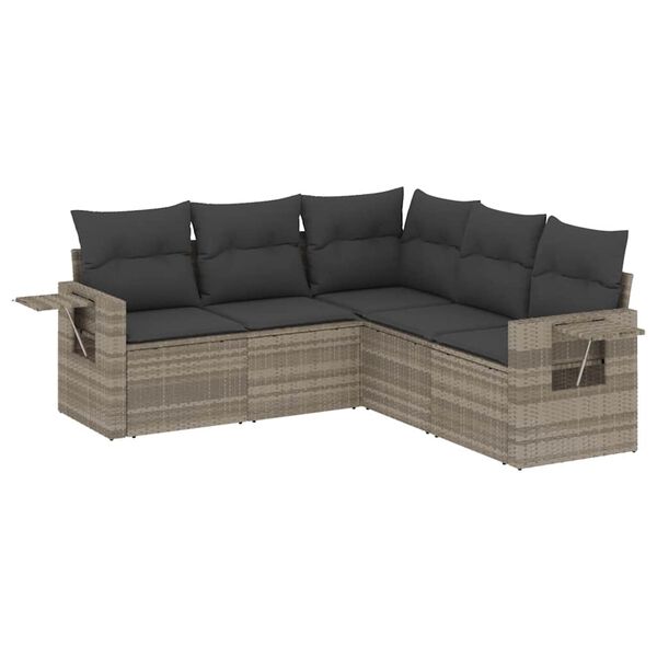 vidaXL 5-delige Loungeset met kussens poly rattan lichtgrijs