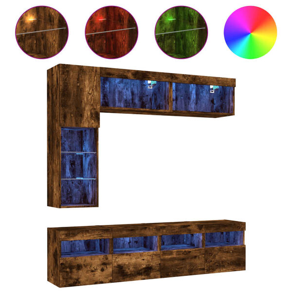 vidaXL 7-delige Tv-wandmeubelset met LED-verlichting gerookt eiken