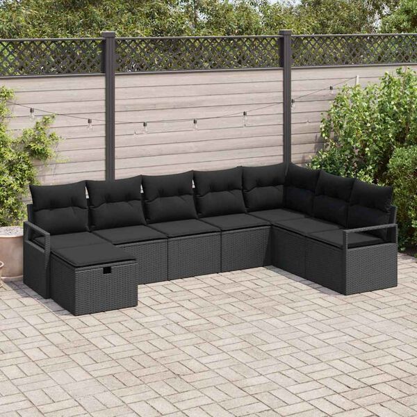 vidaXL Bankstel met kussen met opslag 8 pcs Zwart poly rattan
