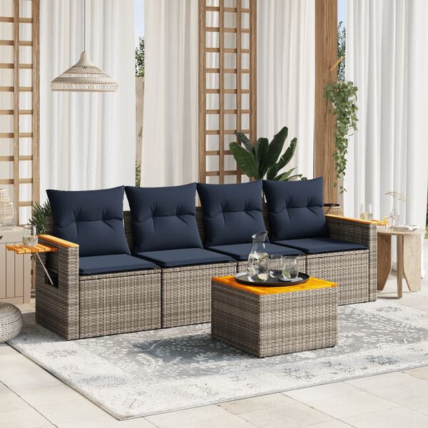 vidaXL 5-delige Loungeset met kussens poly rattan grijs
