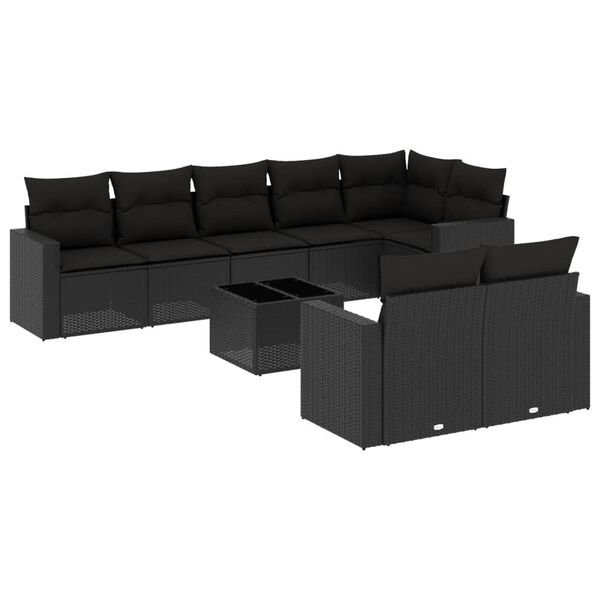vidaXL 9-delige Loungeset met kussens poly rattan zwart