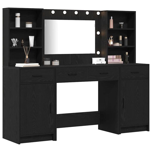 vidaXL Make-up tafel set met LED 3 pcs Zwart Eiken Bewerkt hout