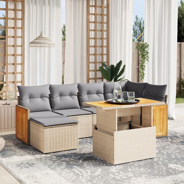 vidaXL 7-delige Loungeset met kussens poly rattan beige