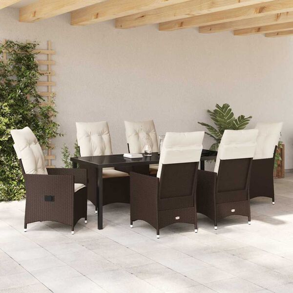 vidaXL Tuin eettafelset met kussen 7 pcs Bruin poly rattan