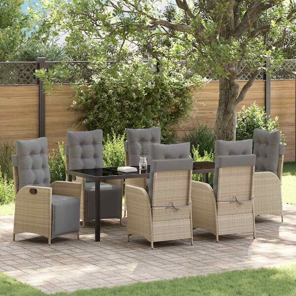 vidaXL Tuin eettafelset met kussen 7 pcs Beige poly rattan